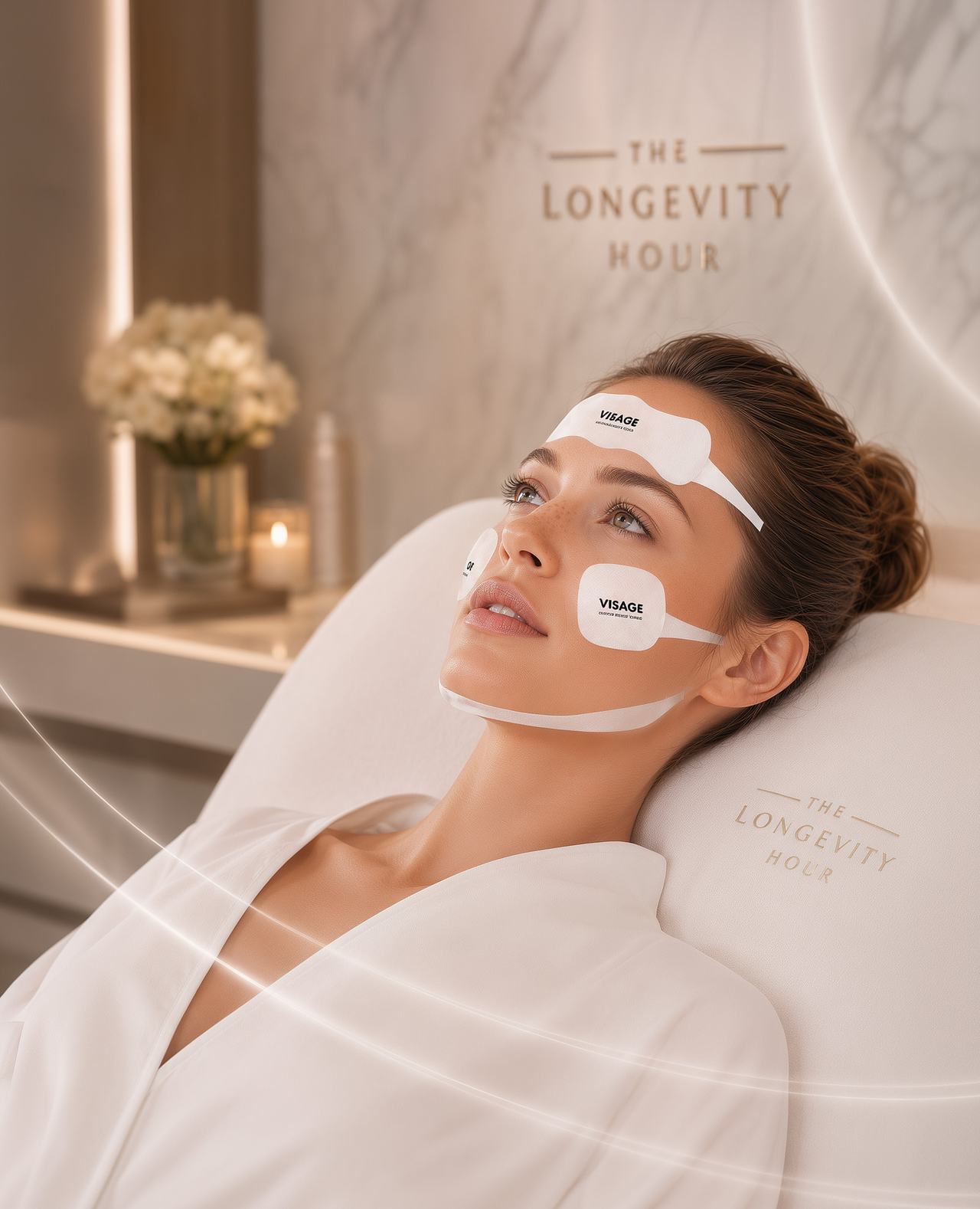 Client reclining in a treatment room wearing the VISAGE electrodes on the forehead, cheekbones and under the jaw