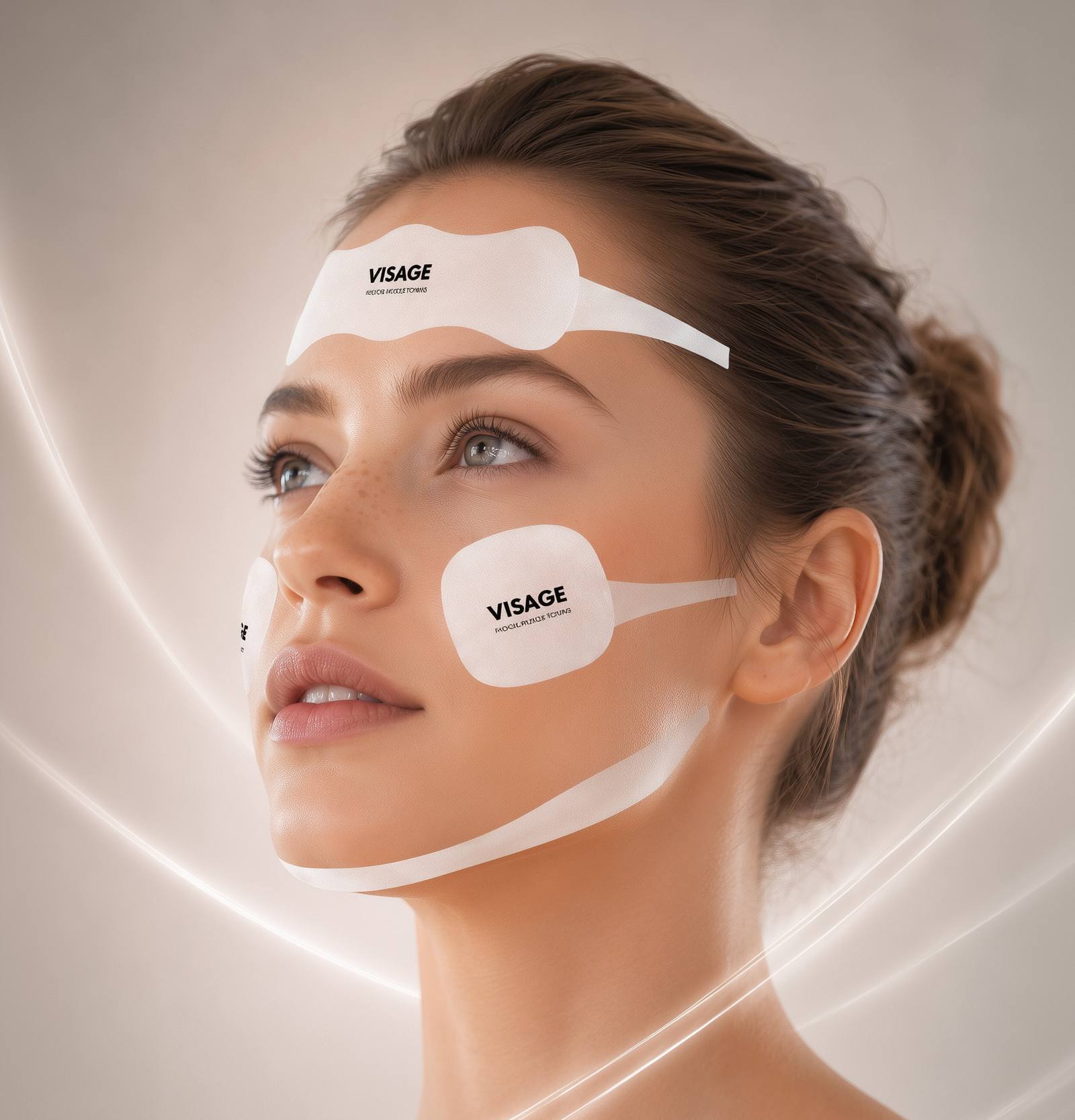 Woman in profile wearing VISAGE electrodes on the forehead, the cheekbone and under the jaw
