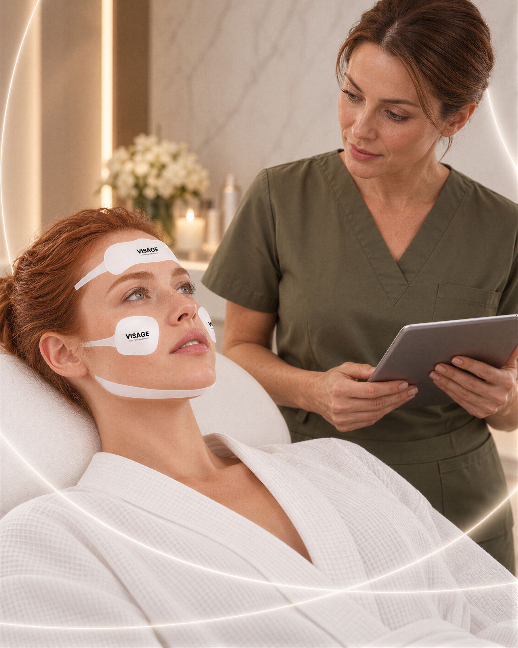 Professional holding a tablet next to a reclining client wearing VISAGE electrodes on the forehead, the cheekbones and under the jaw