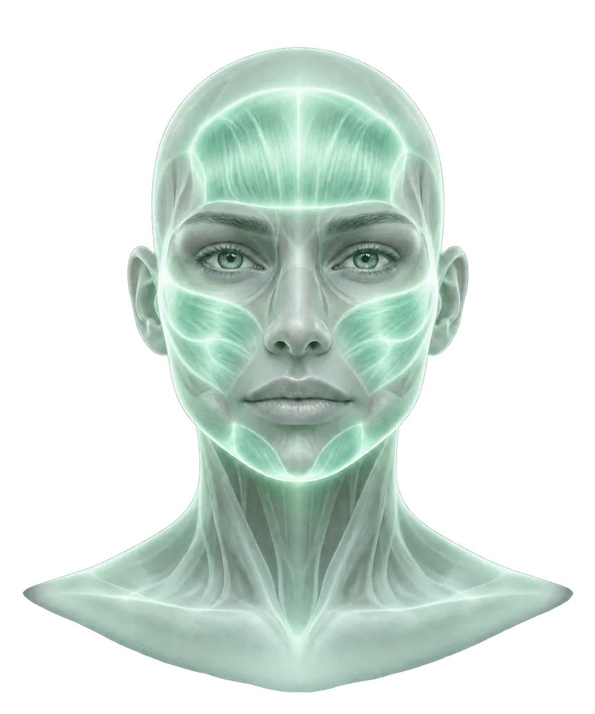 Anatomical illustration of a face with the frontal, zygomatic and submaxillary areas highlighted